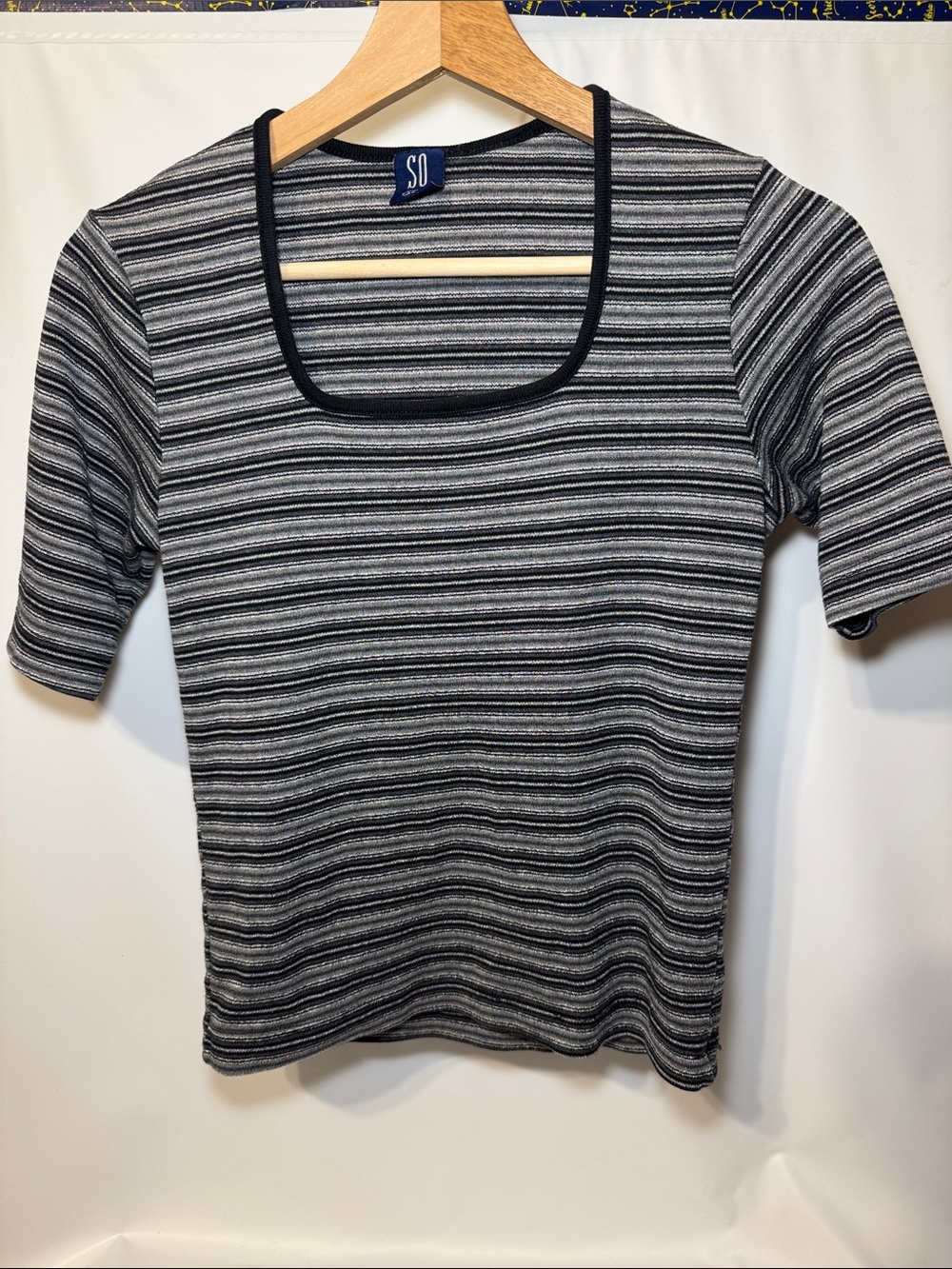 SO…GSJC Black & Gray Striped Square Neck Knit Top - 90s/Y2K